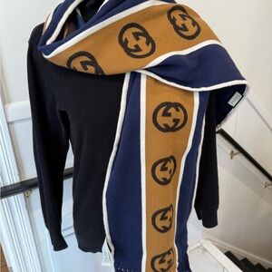 Gucci Navy and Camel Logo Scarf